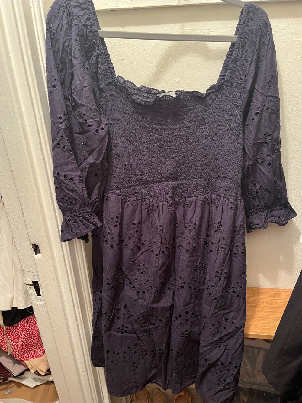 J Gee Navy Smocked Eyelet Midi Dress